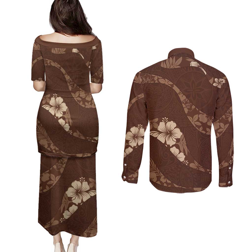 Aloha Hawaii Floral Tapa Couples Matching Puletasi and Long Sleeve Button Shirt Patchwork Mocha - Polynesian Pride
