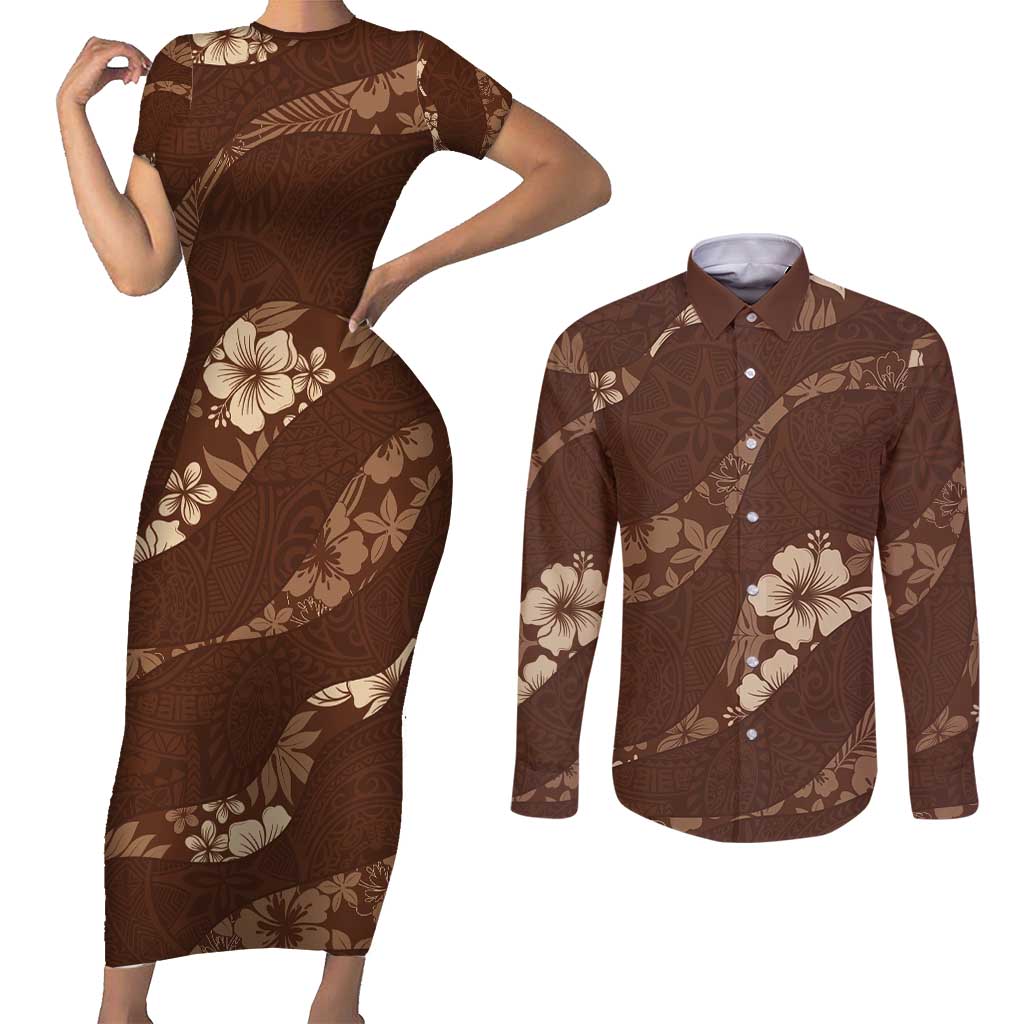 Aloha Hawaii Floral Tapa Couples Matching Short Sleeve Bodycon Dress and Long Sleeve Button Shirt Patchwork Mocha LT7 Mocha - Polynesian Pride