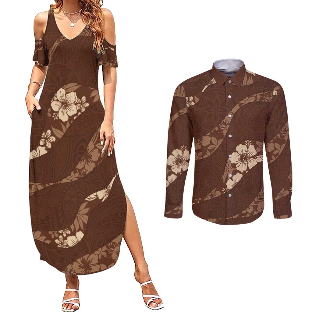 Aloha Hawaii Floral Tapa Couples Matching Summer Maxi Dress and Long Sleeve Button Shirt Patchwork Mocha LT7 Mocha - Polynesian Pride