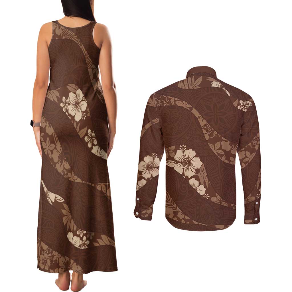 Aloha Hawaii Floral Tapa Couples Matching Tank Maxi Dress and Long Sleeve Button Shirt Patchwork Mocha - Polynesian Pride