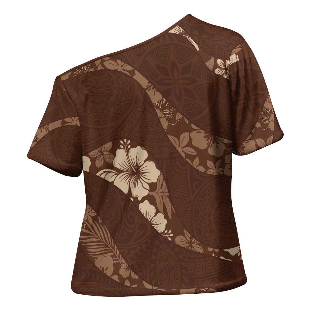 Aloha Hawaii Floral Tapa Cross Shoulder Shirt Patchwork Mocha - Polynesian Pride