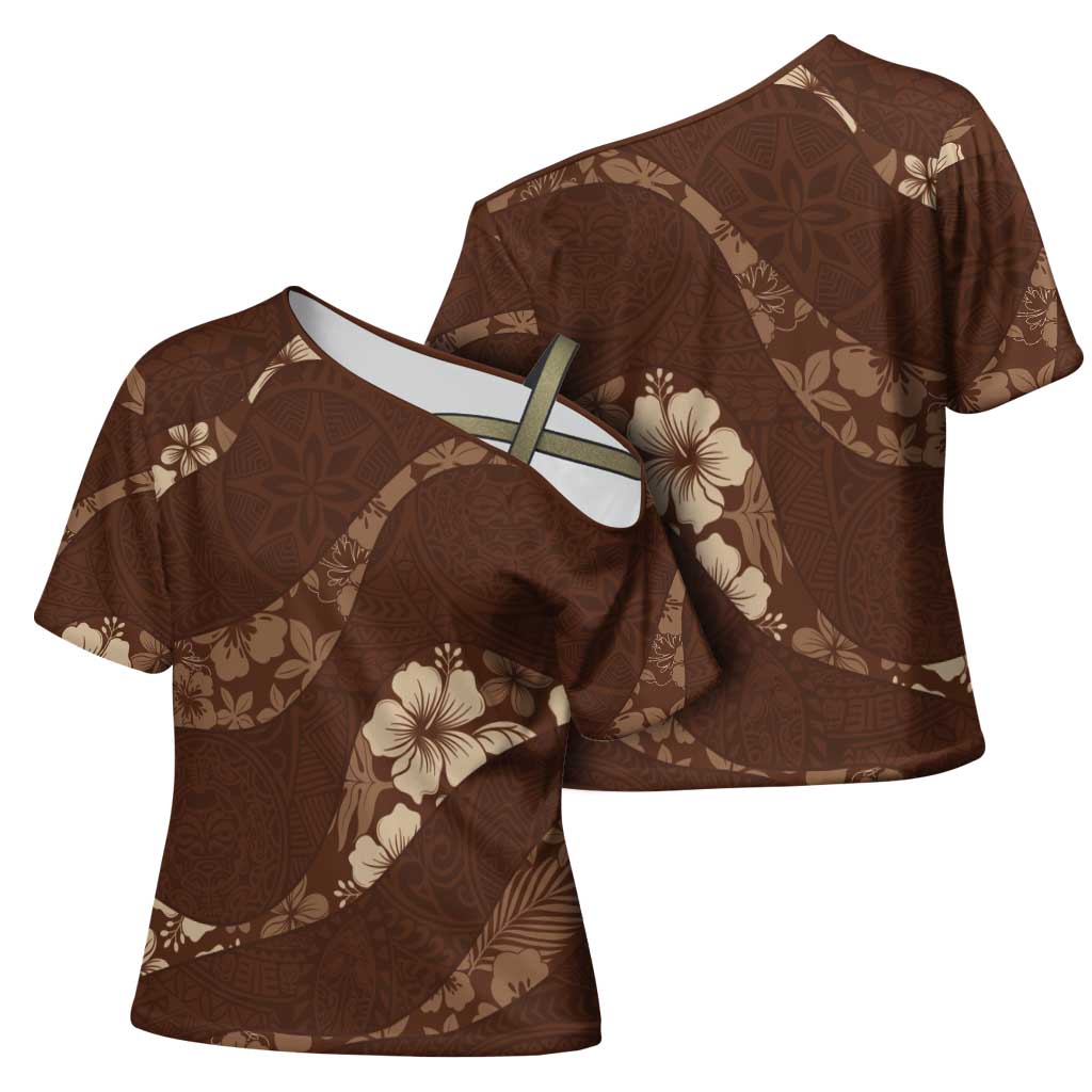 Aloha Hawaii Floral Tapa Cross Shoulder Shirt Patchwork Mocha - Polynesian Pride