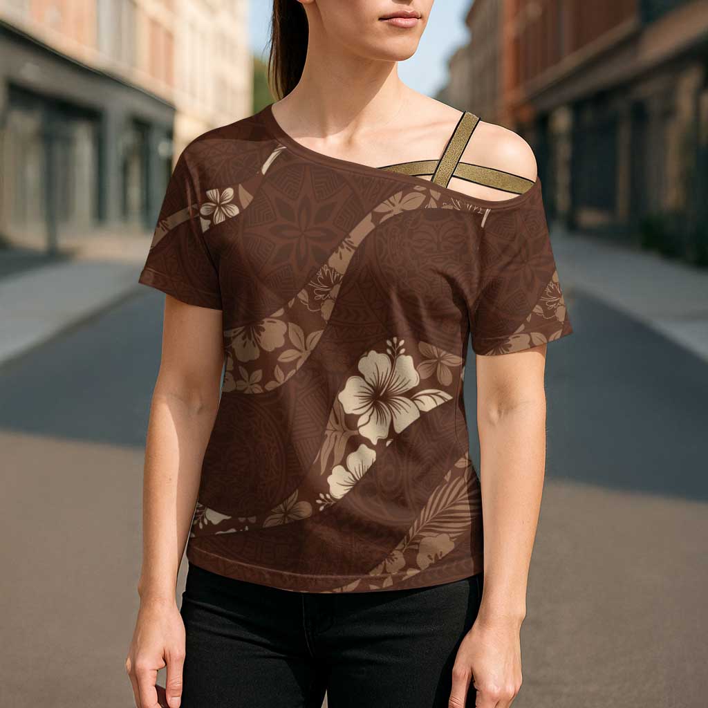 Aloha Hawaii Floral Tapa Cross Shoulder Shirt Patchwork Mocha - Polynesian Pride