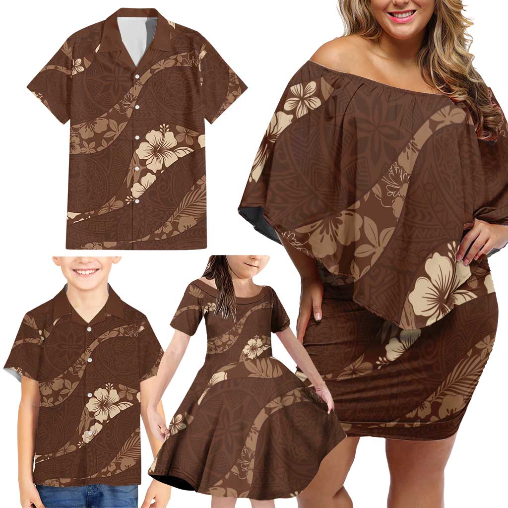 Aloha Hawaii Floral Tapa Family Matching Off Shoulder Short Dress and Hawaiian Shirt Patchwork Mocha - Polynesian Pride