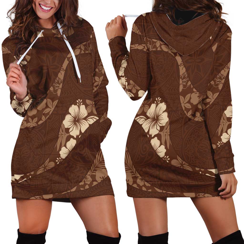 Aloha Hawaii Floral Tapa Hoodie Dress Patchwork Mocha - Polynesian Pride