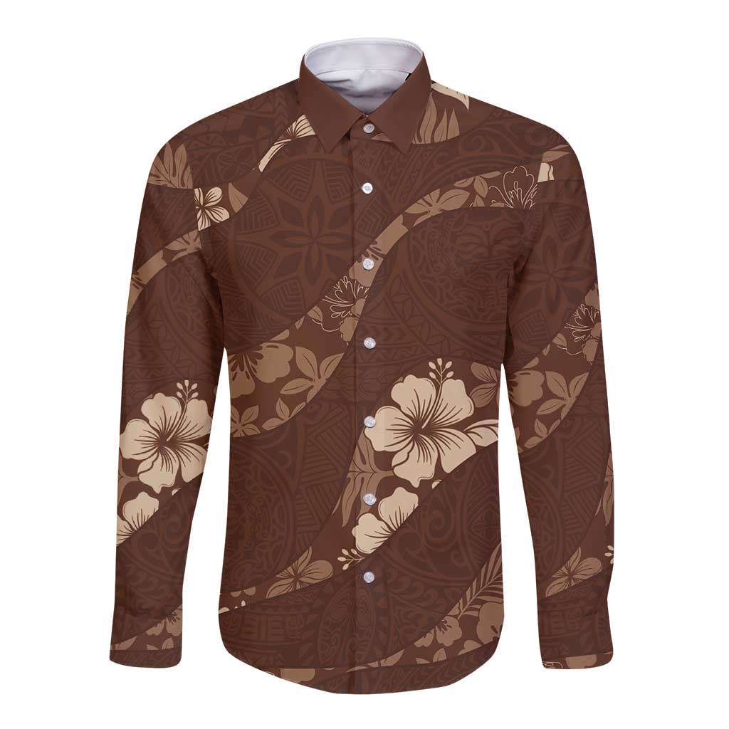 Aloha Hawaii Floral Tapa Long Sleeve Button Shirt Patchwork Mocha - Polynesian Pride
