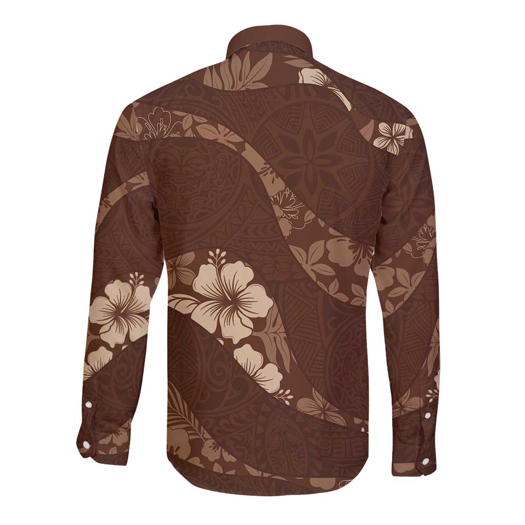 Aloha Hawaii Floral Tapa Long Sleeve Button Shirt Patchwork Mocha - Polynesian Pride