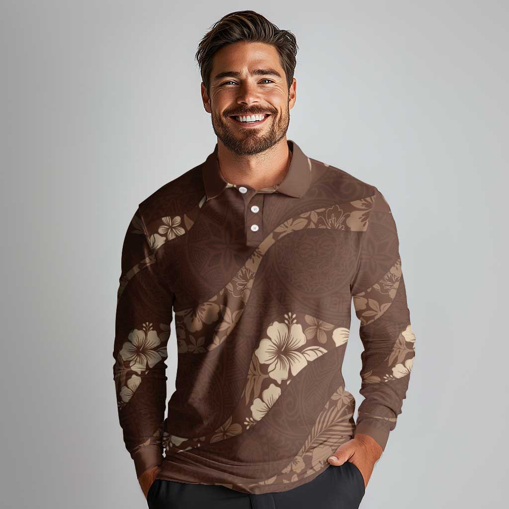 Aloha Hawaii Floral Tapa Long Sleeve Polo Shirt Patchwork Mocha - Polynesian Pride