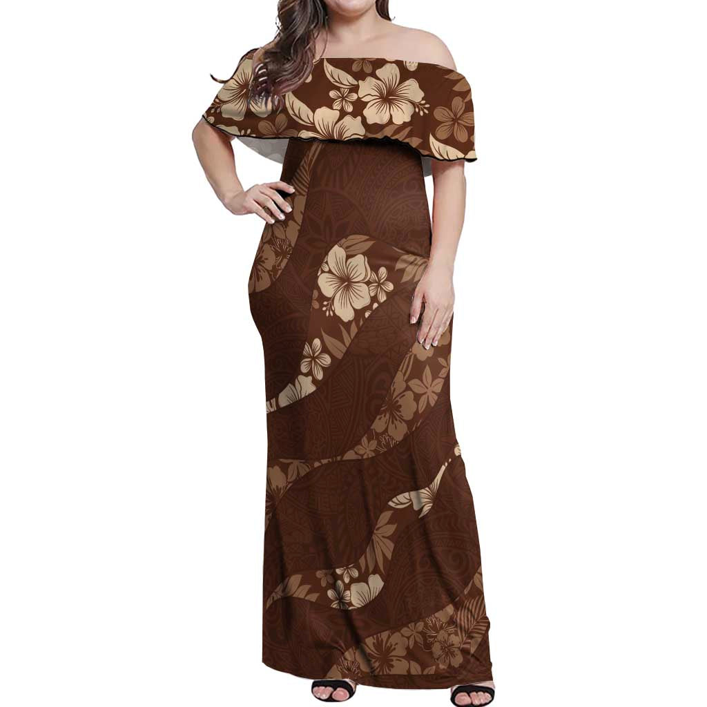 Aloha Hawaii Floral Tapa Off Shoulder Maxi Dress Patchwork Mocha - Polynesian Pride