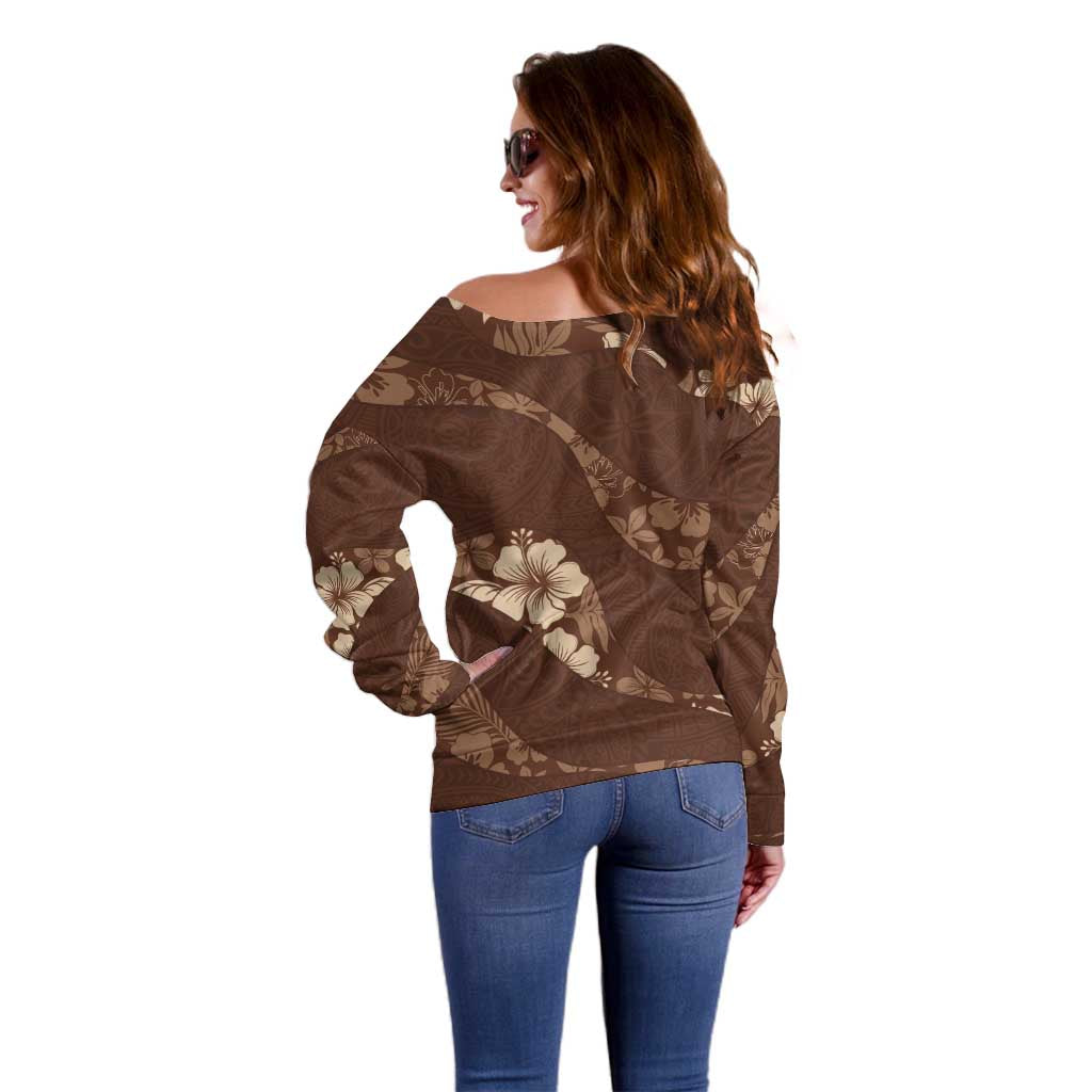 Aloha Hawaii Floral Tapa Off Shoulder Sweater Patchwork Mocha - Polynesian Pride