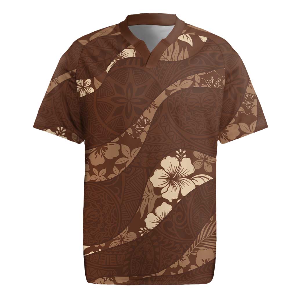 Aloha Hawaii Floral Tapa Rugby Jersey Patchwork Mocha - Polynesian Pride
