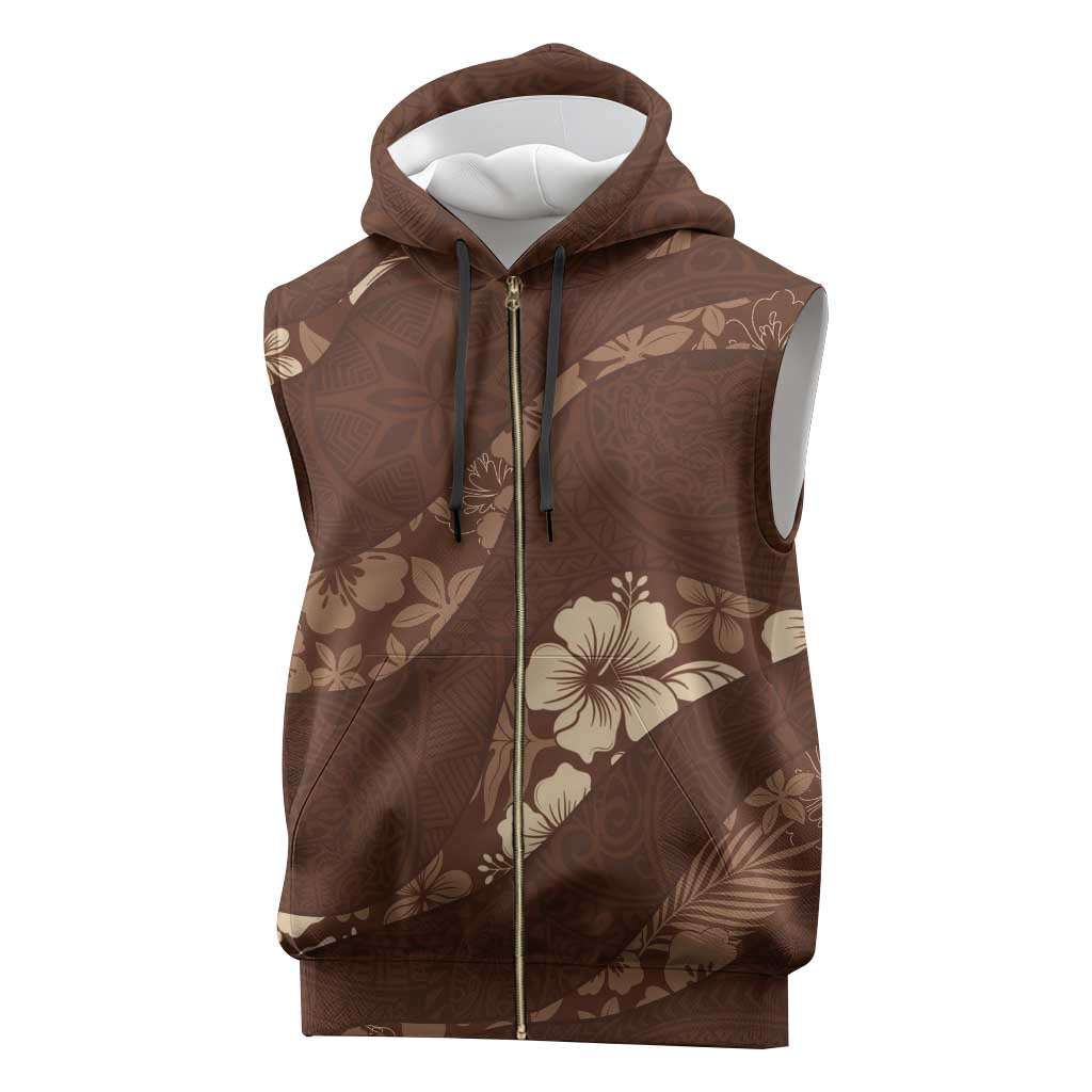 Aloha Hawaii Floral Tapa Sleeveless Zip Hoodie Patchwork Mocha - Polynesian Pride