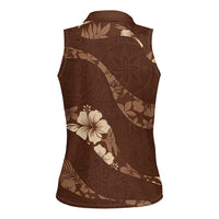 Aloha Hawaii Floral Tapa Women Sleeveless Polo Shirt Patchwork Mocha - Polynesian Pride