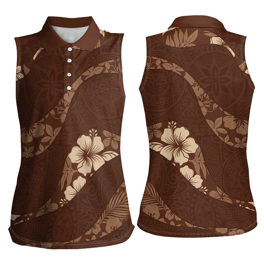 Aloha Hawaii Floral Tapa Women Sleeveless Polo Shirt Patchwork Mocha - Polynesian Pride