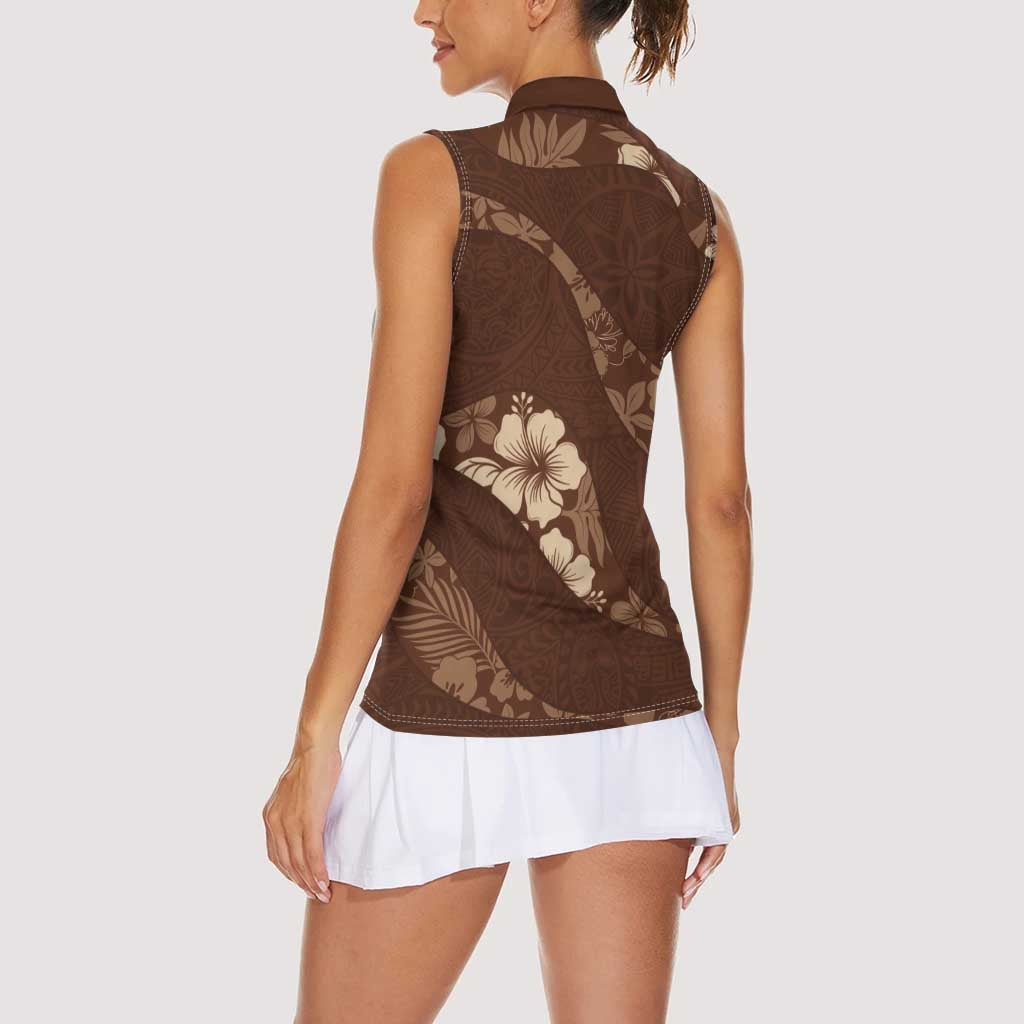 Aloha Hawaii Floral Tapa Women Sleeveless Polo Shirt Patchwork Mocha - Polynesian Pride