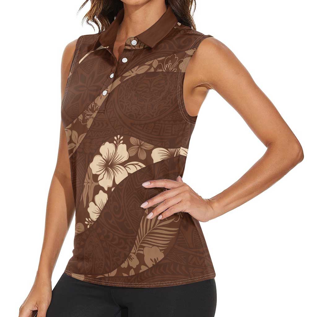 Aloha Hawaii Floral Tapa Women Sleeveless Polo Shirt Patchwork Mocha - Polynesian Pride