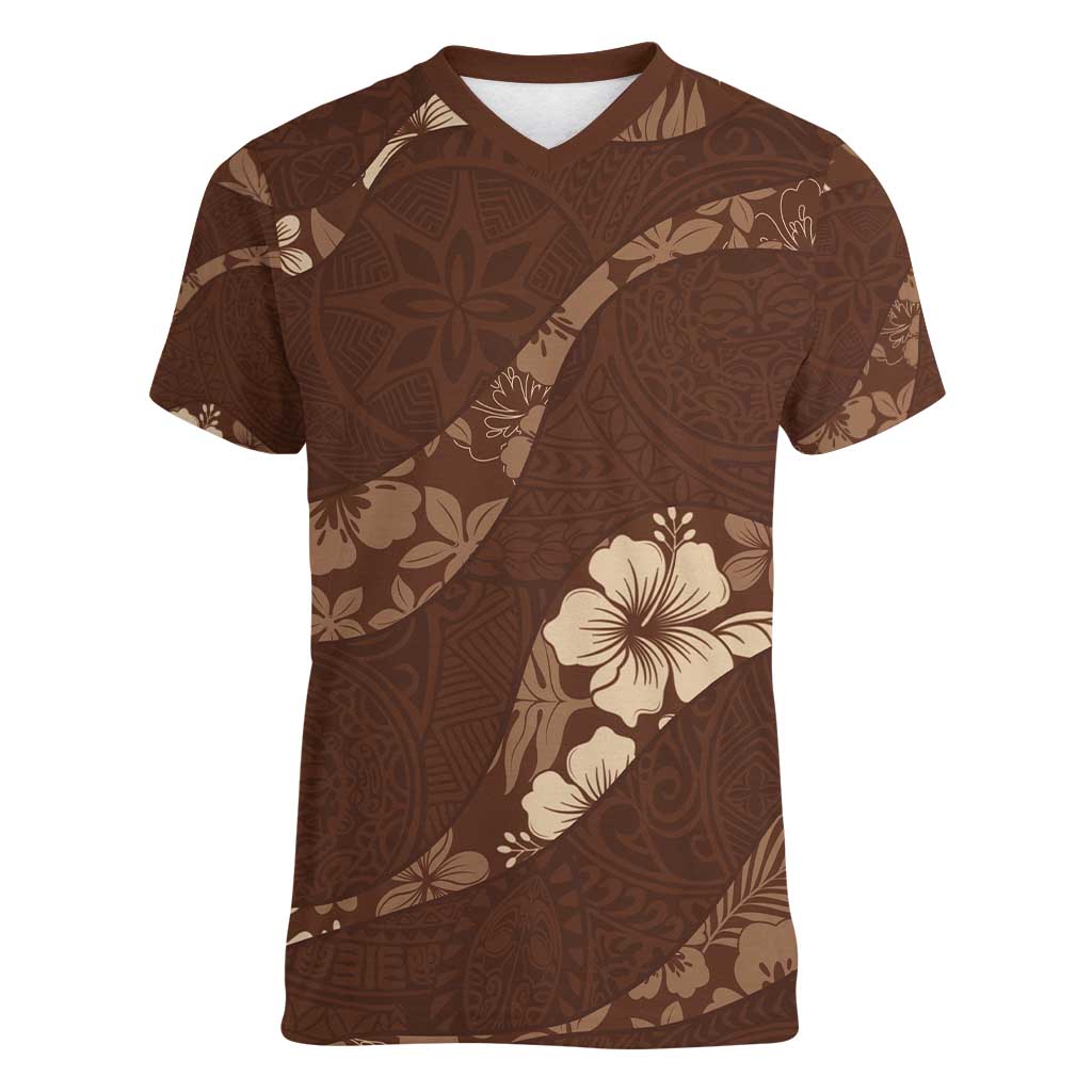 Aloha Hawaii Floral Tapa Women V-Neck T-Shirt Patchwork Mocha LT7 Female Mocha - Polynesian Pride