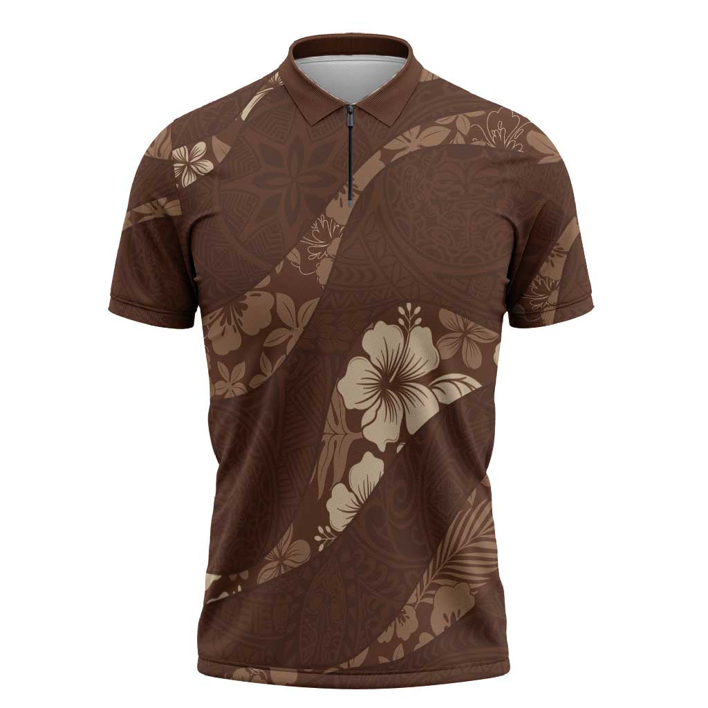 Aloha Hawaii Floral Tapa Zipper Polo Shirt Patchwork Mocha - Polynesian Pride