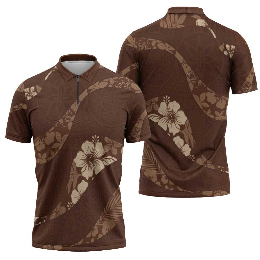 Aloha Hawaii Floral Tapa Zipper Polo Shirt Patchwork Mocha - Polynesian Pride