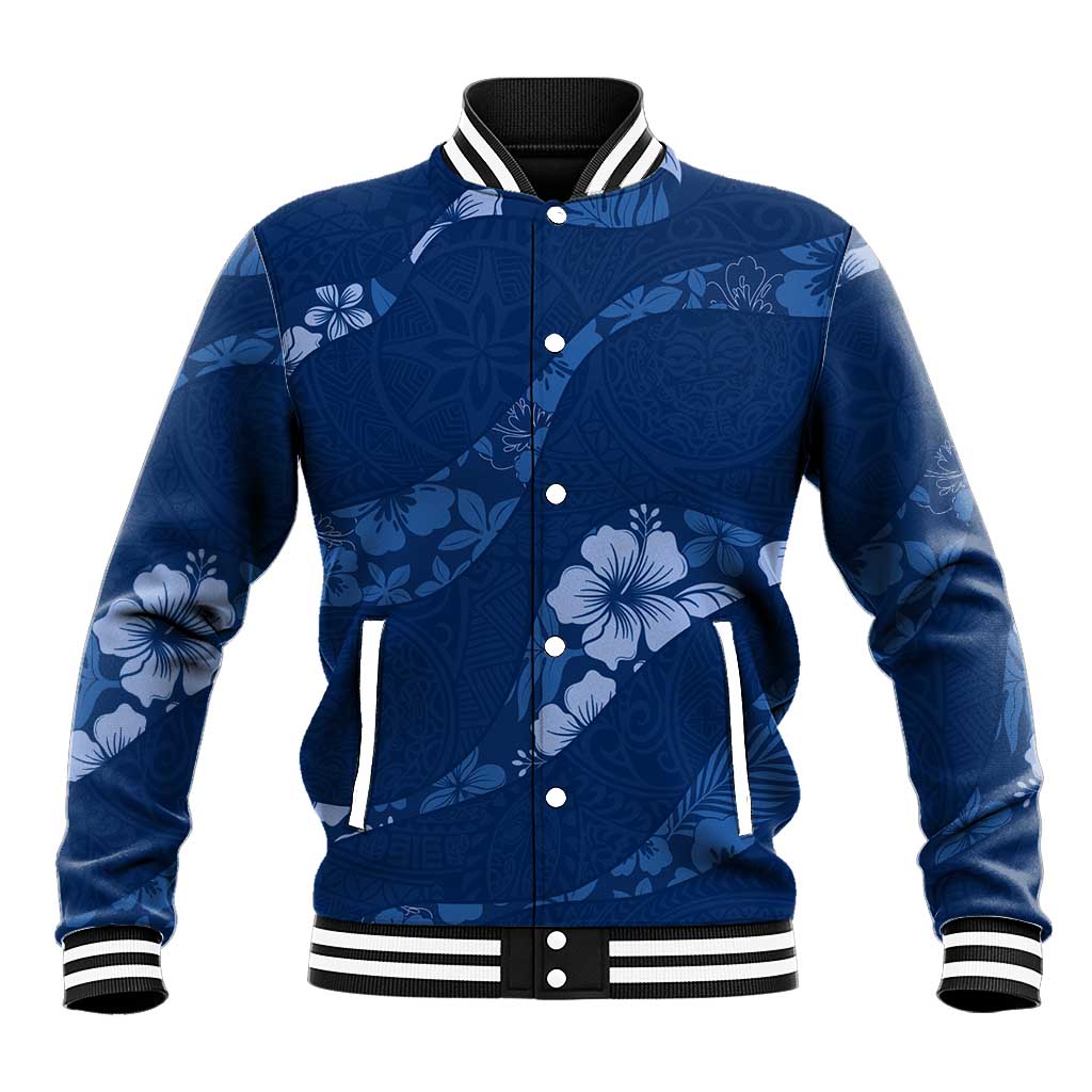 Aloha Hawaii Floral Tapa Baseball Jacket Patchwork Navy - Polynesian Pride