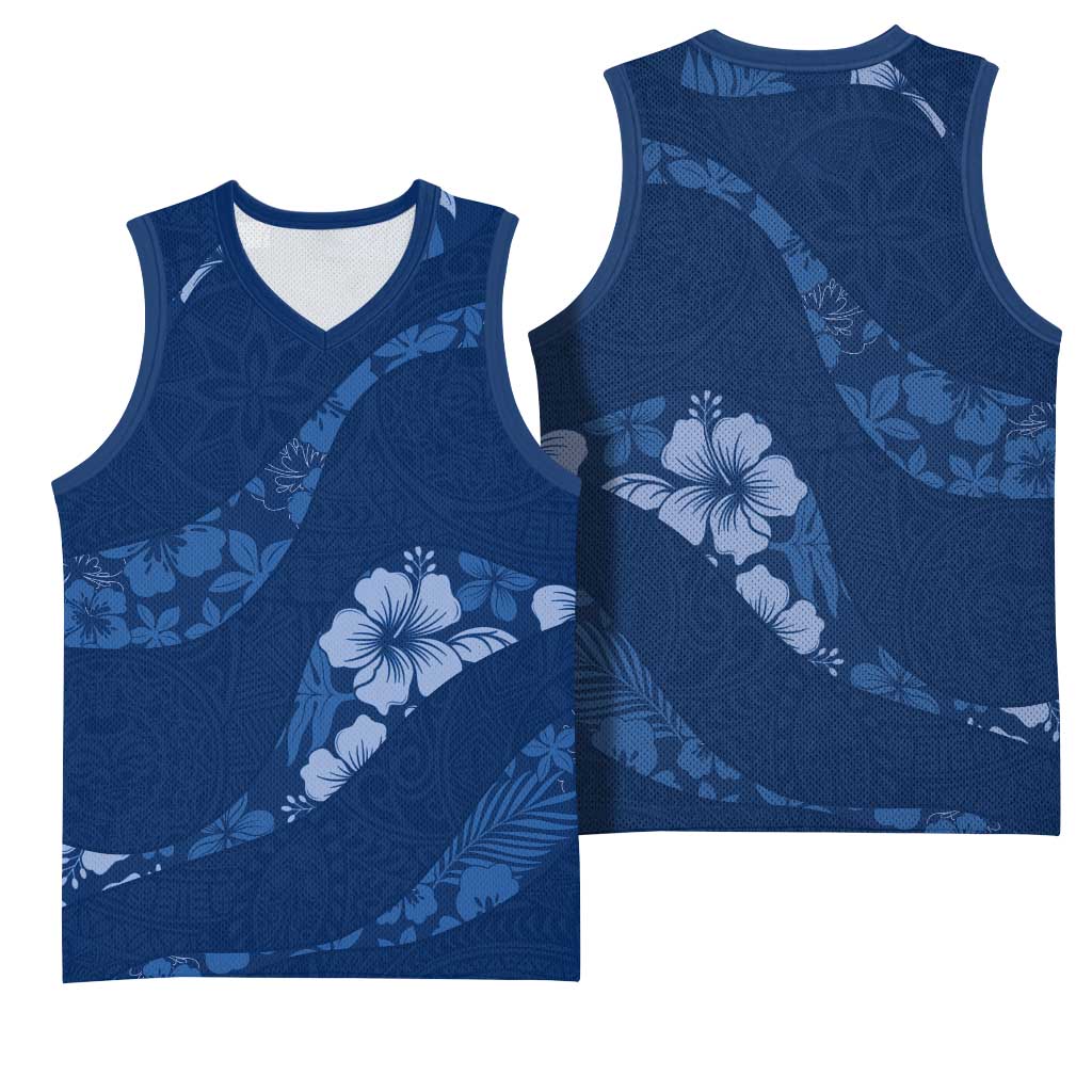 Aloha Hawaii Floral Tapa Basketball Jersey Patchwork Navy - Polynesian Pride