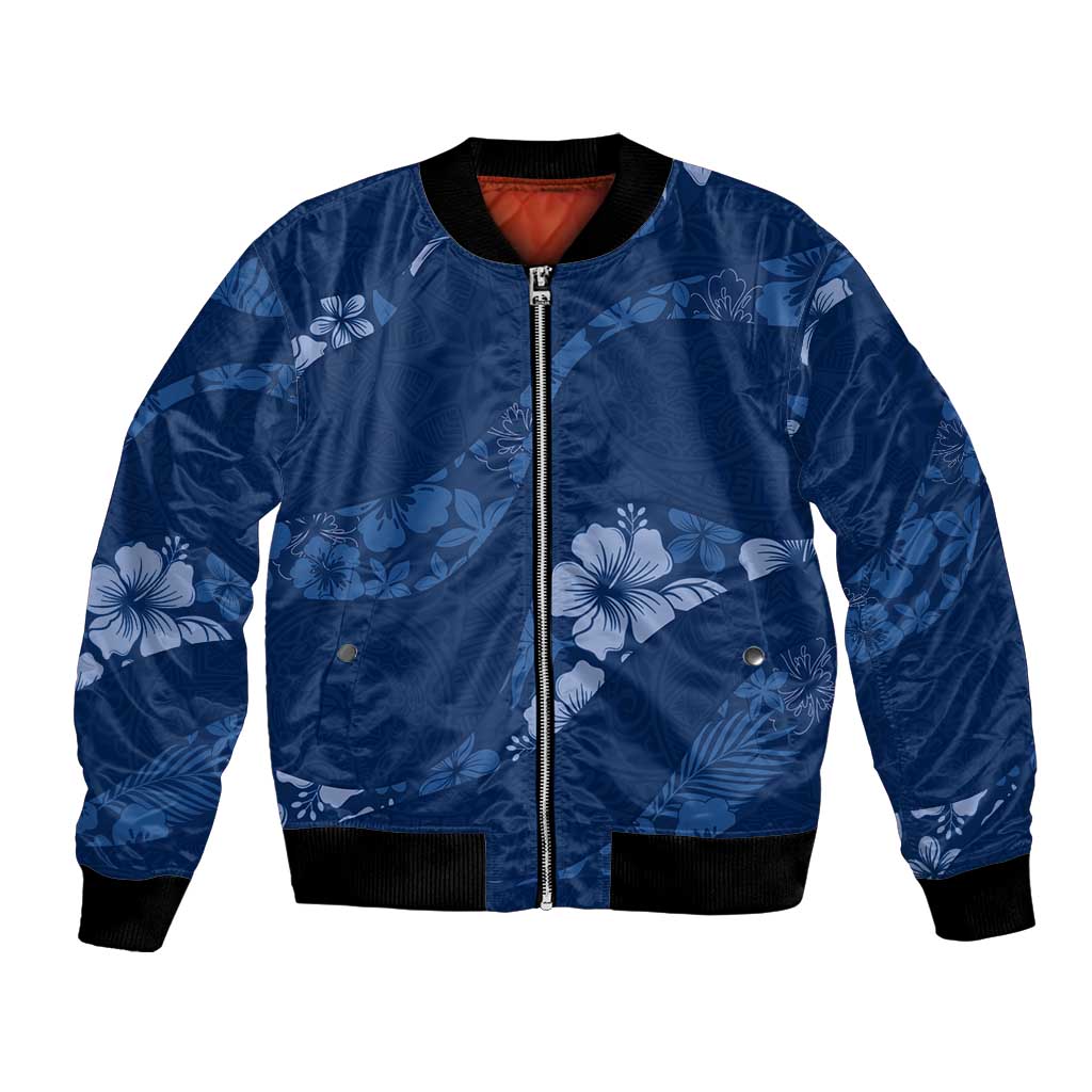 Aloha Hawaii Floral Tapa Bomber Jacket Patchwork Navy LT7 Unisex Navy - Polynesian Pride