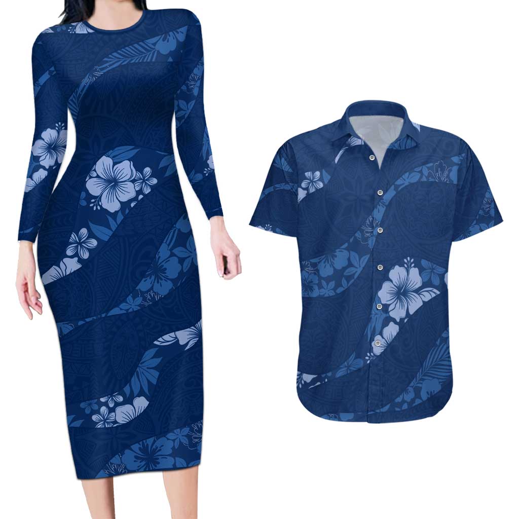 Aloha Hawaii Floral Tapa Couples Matching Long Sleeve Bodycon Dress and Hawaiian Shirt Patchwork Navy LT7 Navy - Polynesian Pride