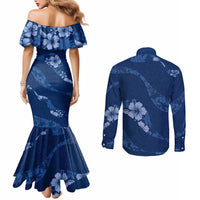 Aloha Hawaii Floral Tapa Couples Matching Mermaid Dress and Long Sleeve Button Shirt Patchwork Navy - Polynesian Pride