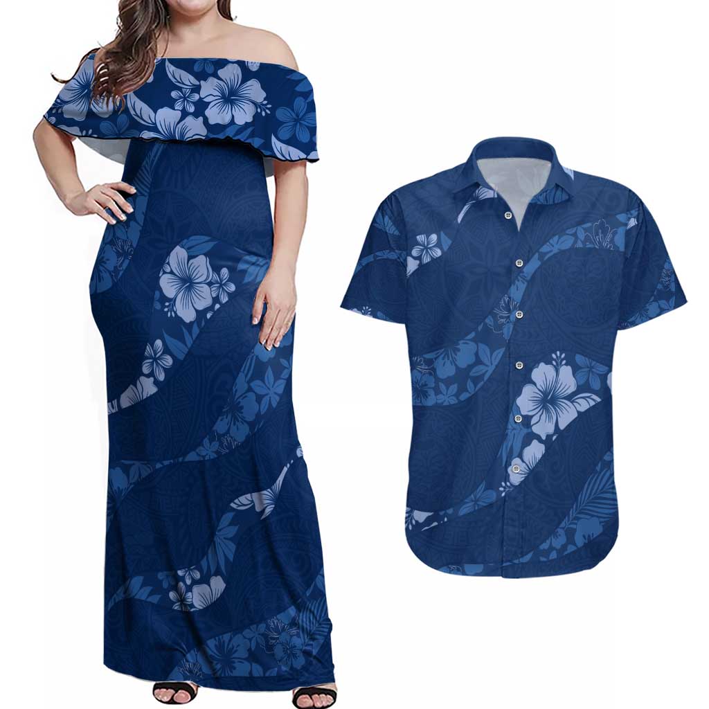 Aloha Hawaii Floral Tapa Couples Matching Off Shoulder Maxi Dress and Hawaiian Shirt Patchwork Navy LT7 Navy - Polynesian Pride