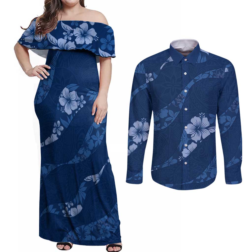 Aloha Hawaii Floral Tapa Couples Matching Off Shoulder Maxi Dress and Long Sleeve Button Shirt Patchwork Navy LT7 Navy - Polynesian Pride