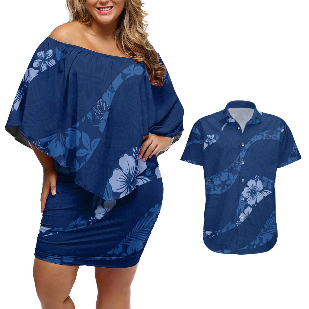 Aloha Hawaii Floral Tapa Couples Matching Off Shoulder Short Dress and Hawaiian Shirt Patchwork Navy LT7 Navy - Polynesian Pride
