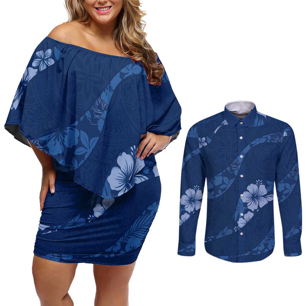 Aloha Hawaii Floral Tapa Couples Matching Off Shoulder Short Dress and Long Sleeve Button Shirt Patchwork Navy - Polynesian Pride