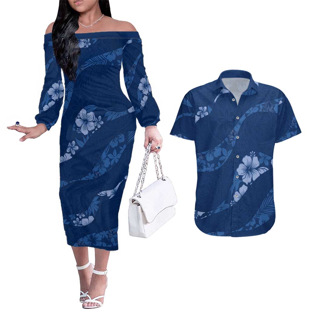 Aloha Hawaii Floral Tapa Couples Matching Off The Shoulder Long Sleeve Dress and Hawaiian Shirt Patchwork Navy - Polynesian Pride