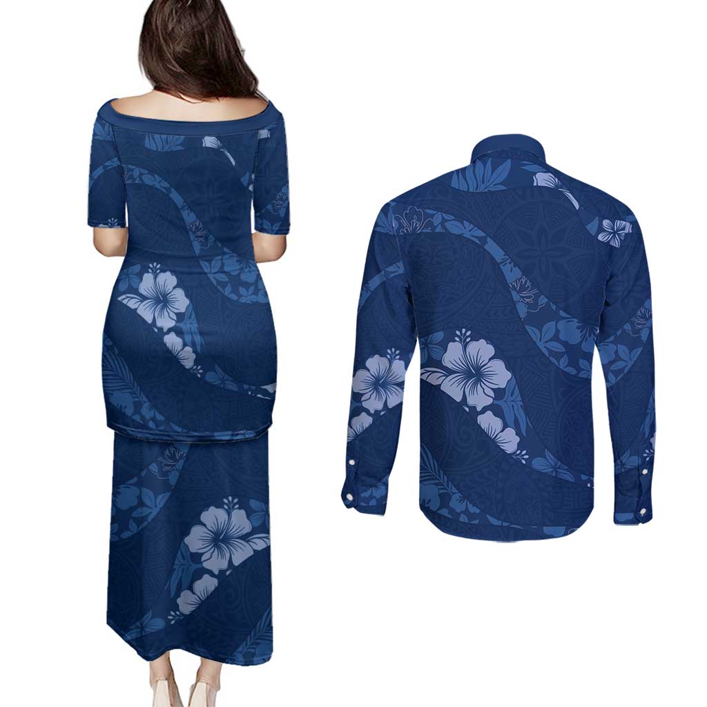 Aloha Hawaii Floral Tapa Couples Matching Puletasi and Long Sleeve Button Shirt Patchwork Navy - Polynesian Pride