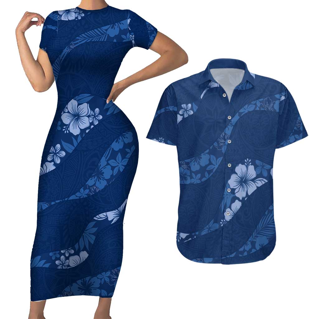 Aloha Hawaii Floral Tapa Couples Matching Short Sleeve Bodycon Dress and Hawaiian Shirt Patchwork Navy LT7 Navy - Polynesian Pride