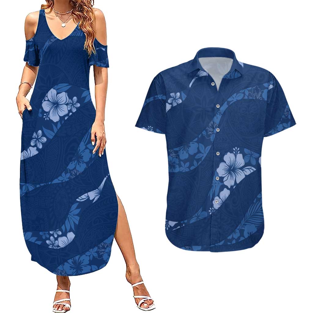 Aloha Hawaii Floral Tapa Couples Matching Summer Maxi Dress and Hawaiian Shirt Patchwork Navy LT7 Navy - Polynesian Pride