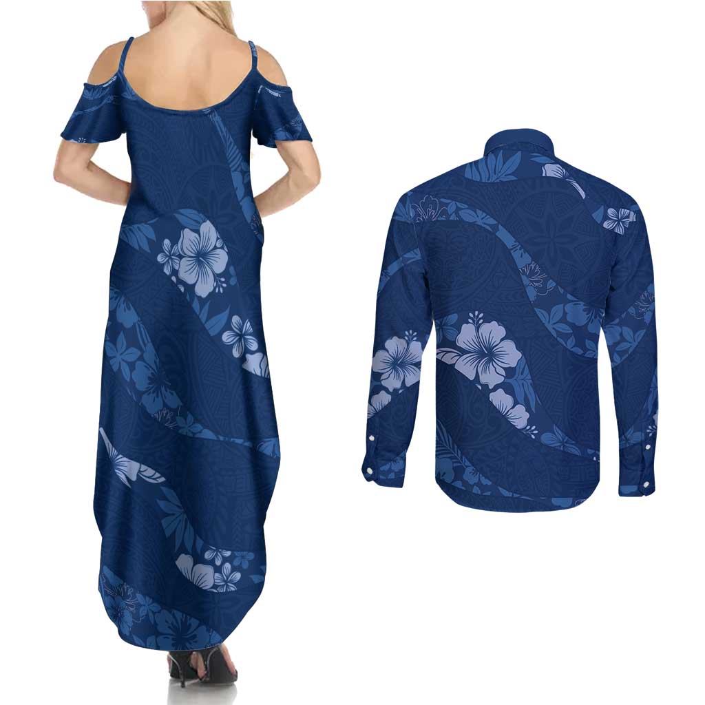 Aloha Hawaii Floral Tapa Couples Matching Summer Maxi Dress and Long Sleeve Button Shirt Patchwork Navy - Polynesian Pride