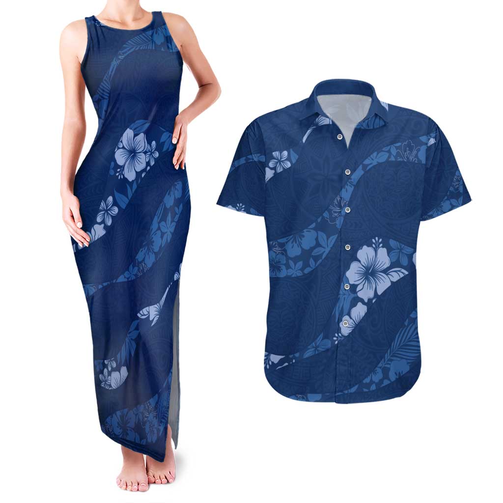 Aloha Hawaii Floral Tapa Couples Matching Tank Maxi Dress and Hawaiian Shirt Patchwork Navy LT7 Navy - Polynesian Pride