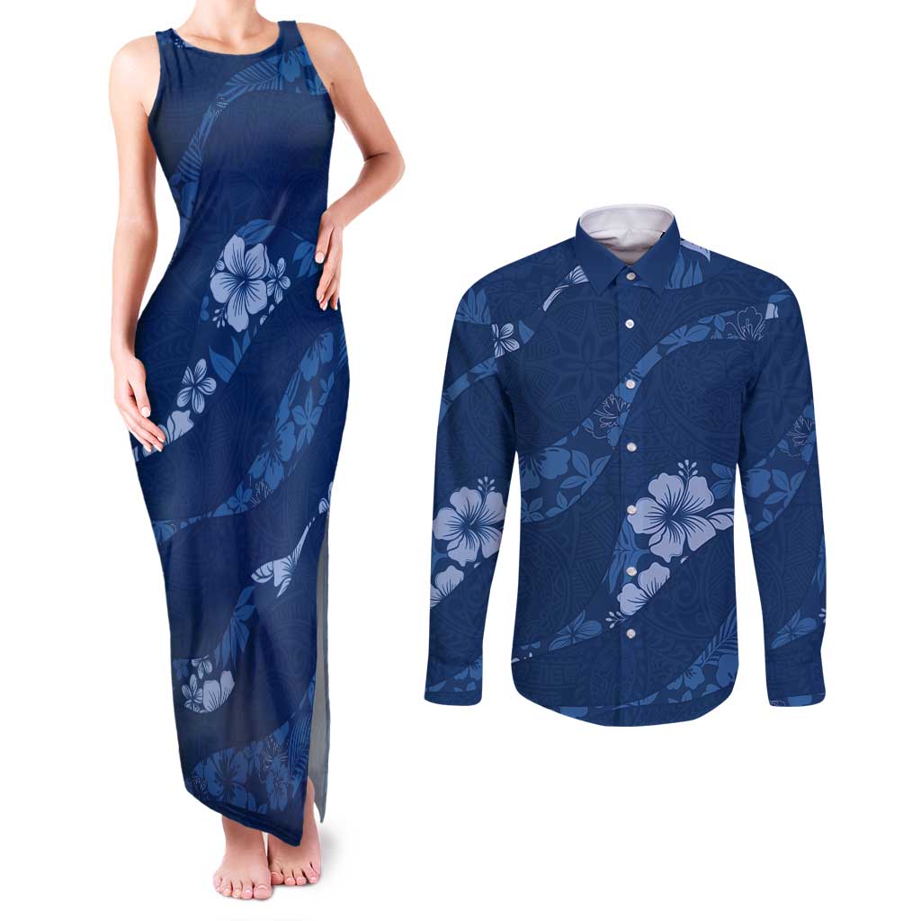 Aloha Hawaii Floral Tapa Couples Matching Tank Maxi Dress and Long Sleeve Button Shirt Patchwork Navy LT7 Navy - Polynesian Pride