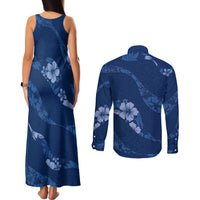 Aloha Hawaii Floral Tapa Couples Matching Tank Maxi Dress and Long Sleeve Button Shirt Patchwork Navy - Polynesian Pride