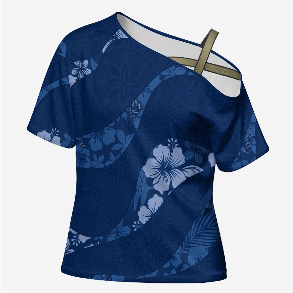 Aloha Hawaii Floral Tapa Cross Shoulder Shirt Patchwork Navy - Polynesian Pride
