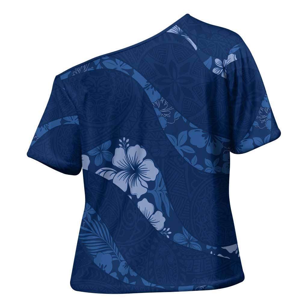 Aloha Hawaii Floral Tapa Cross Shoulder Shirt Patchwork Navy - Polynesian Pride