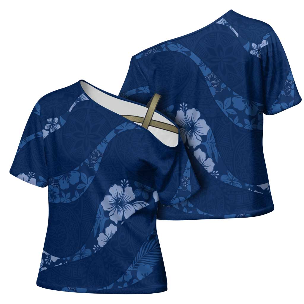 Aloha Hawaii Floral Tapa Cross Shoulder Shirt Patchwork Navy - Polynesian Pride