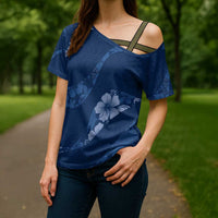 Aloha Hawaii Floral Tapa Cross Shoulder Shirt Patchwork Navy - Polynesian Pride