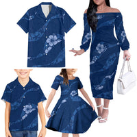 Aloha Hawaii Floral Tapa Family Matching Off The Shoulder Long Sleeve Dress and Hawaiian Shirt Patchwork Navy - Polynesian Pride