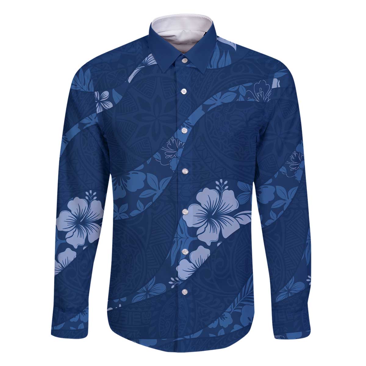 Aloha Hawaii Floral Tapa Family Matching Off The Shoulder Long Sleeve Dress and Hawaiian Shirt Patchwork Navy - Polynesian Pride