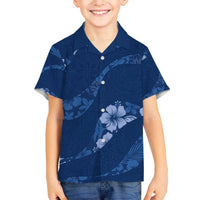 Aloha Hawaii Floral Tapa Family Matching Off The Shoulder Long Sleeve Dress and Hawaiian Shirt Patchwork Navy - Polynesian Pride