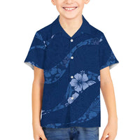 Aloha Hawaii Floral Tapa Family Matching Off Shoulder Short Dress and Hawaiian Shirt Patchwork Navy - Polynesian Pride