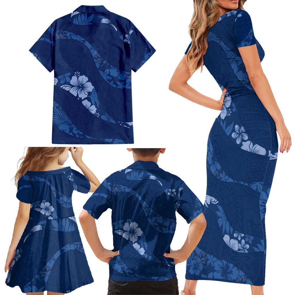 Aloha Hawaii Floral Tapa Family Matching Short Sleeve Bodycon Dress and Hawaiian Shirt Patchwork Navy - Polynesian Pride