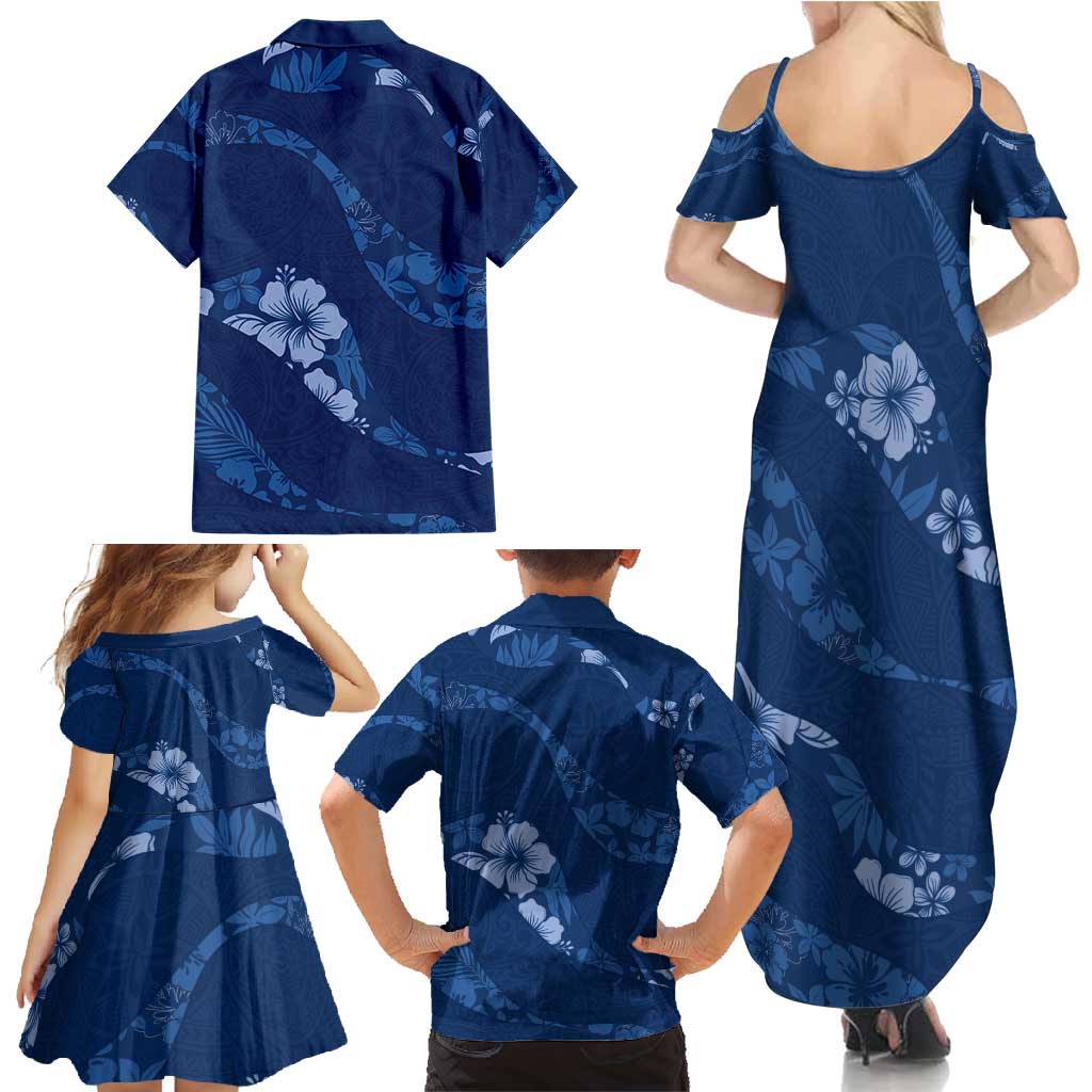 Aloha Hawaii Floral Tapa Family Matching Summer Maxi Dress and Hawaiian Shirt Patchwork Navy - Polynesian Pride